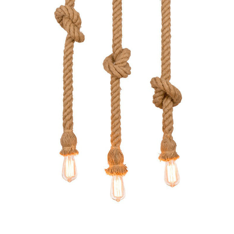 39"/59" H Brown Naked Bulb Design Pendant Countryside Rope Knot 3 Bulbs Kitchen Bar Multiple Hanging Light Clearhalo 'Ceiling Lights' 'Industrial Pendants' 'Industrial' 'Middle Century Pendants' 'Pendant Lights' 'Pendants' 'Tiffany' Lighting' 1911818