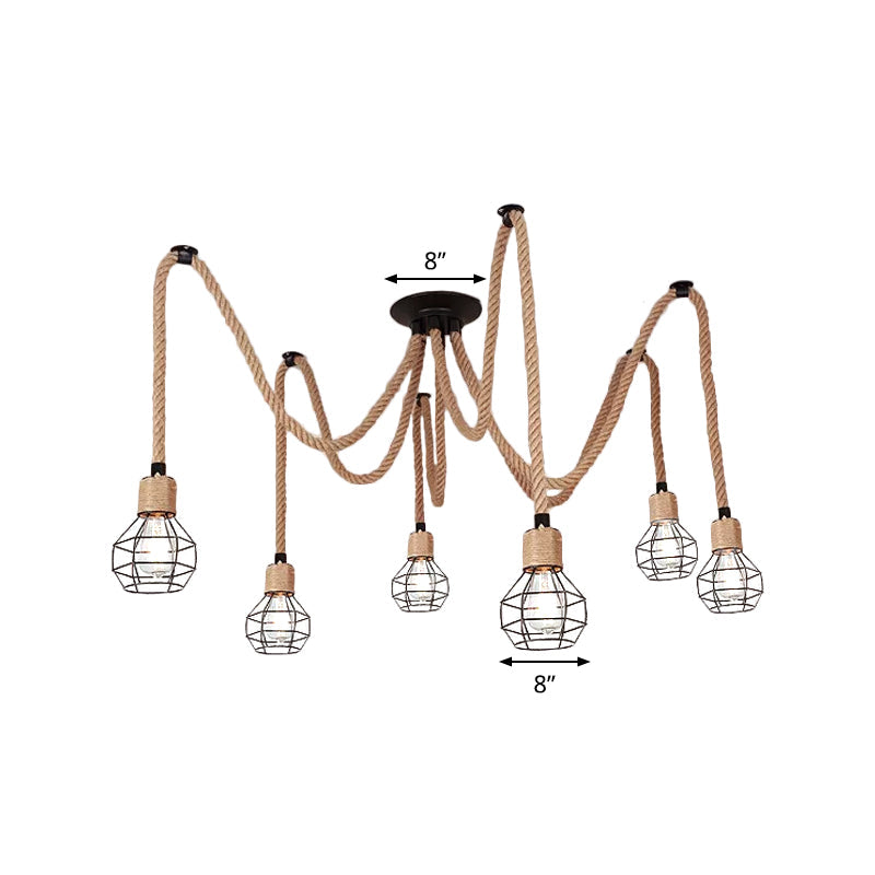 Spherical Cage Bistro Swag Lamp Rural Natural Rope 6/10 Lights Brown Pendant Lighting Fixture Clearhalo 'Art Deco Pendants' 'Cast Iron' 'Ceiling Lights' 'Ceramic' 'Crystal' 'Industrial Pendants' 'Industrial' 'Metal' 'Middle Century Pendants' 'Pendant Lights' 'Pendants' 'Tiffany' Lighting' 1911830