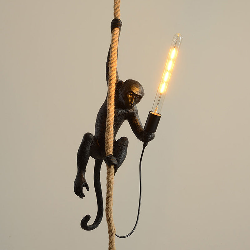 Resin Monkey Pendulum Light Novelty Lodge 1 Head Restaurant Ceiling Pendant in Gold/Black/White with Rope Cord Clearhalo 'Ceiling Lights' 'Industrial Pendants' 'Industrial' 'Middle Century Pendants' 'Pendant Lights' 'Pendants' 'Tiffany' Lighting' 1911864