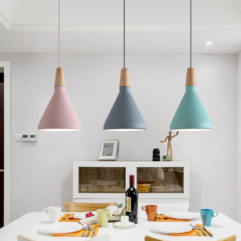 Grey/Pink/Green Cone Hanging Lamp Macaron 1 Bulb Aluminum Ceiling Pendant with Wood Top for Dining Room Grey A Clearhalo 'Ceiling Lights' 'Pendant Lights' 'Pendants' Lighting' 1911959_e0ea2168-f505-456a-ae91-707f7cec39f2