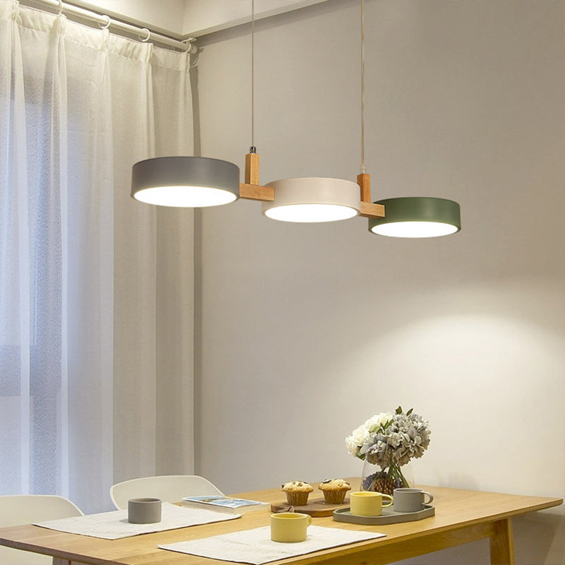 3-Light Dining Room Island Pendant Nordic White-Wood Hanging Lamp with Round Acrylic Shade, Warm/White/3 Color Light White Clearhalo 'Ceiling Lights' 'Island Lights' Lighting' 1912161