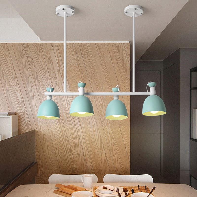 Macaron Bell Island Pendant Iron 4/6 Bulbs Dining Room Swivelable Hanging Lamp Fixture in Grey/Blue/Green 4 Blue Clearhalo 'Ceiling Lights' 'Island Lights' Lighting' 1912201