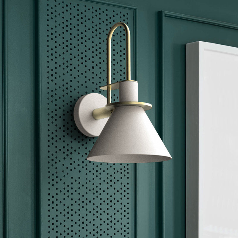 Black/White/Green Cone Wall Lamp Macaron 1-Light Metal Wall Mounted Light with Arched Arm for Bedroom, Warm/White Light Clearhalo 'Wall Lamps & Sconces' 'Wall Lights' Lighting' 1912272