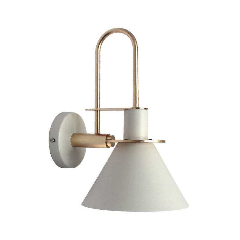 Black/White/Green Cone Wall Lamp Macaron 1-Light Metal Wall Mounted Light with Arched Arm for Bedroom, Warm/White Light Clearhalo 'Wall Lamps & Sconces' 'Wall Lights' Lighting' 1912274