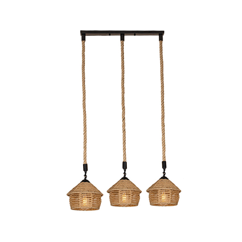 3/6 Lights Rope Cluster Pendant Rural Brown Barn Dining Room Ceiling Suspension Lamp with Round/Linear Canopy Clearhalo 'Ceiling Lights' 'Industrial Pendants' 'Industrial' 'Middle Century Pendants' 'Pendant Lights' 'Pendants' 'Tiffany' Lighting' 1912440