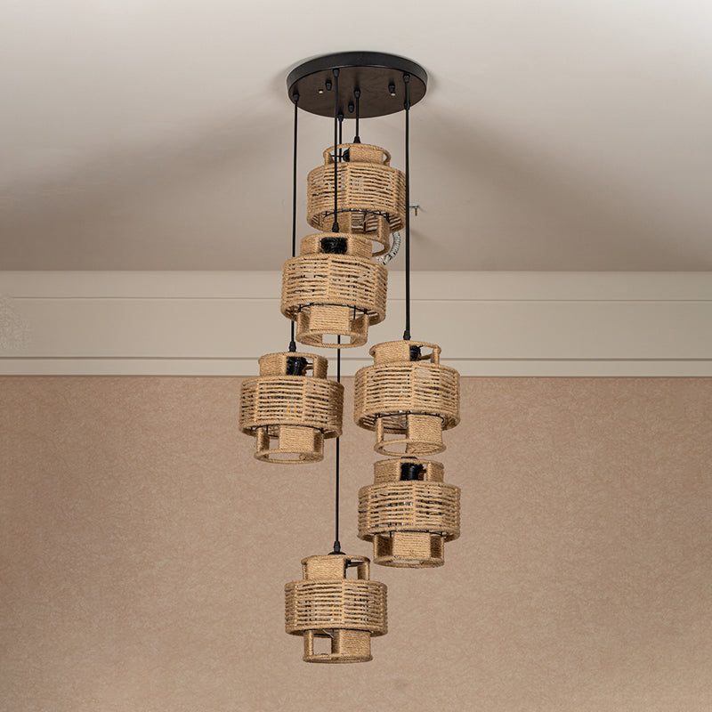 Lodge Style Round/Linear Canopy Pendant 3/6 Lights Roped Hanging Ceiling Light with Double Shade in Brown Clearhalo 'Ceiling Lights' 'Industrial Pendants' 'Industrial' 'Middle Century Pendants' 'Pendant Lights' 'Pendants' 'Tiffany' Lighting' 1912463