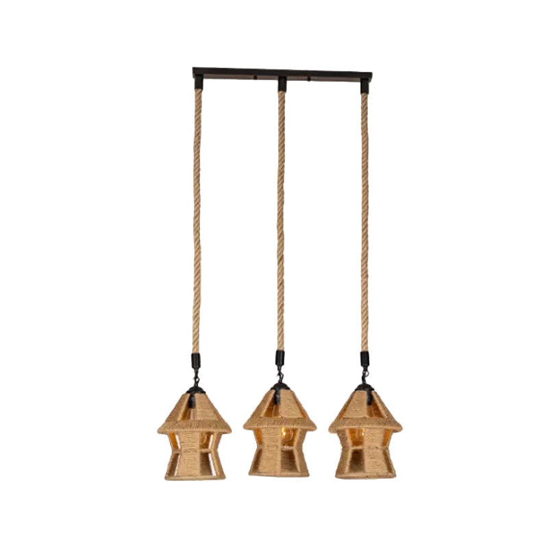 Hand-Wrapped Rope Cluster Cabin Pendant Country 3/6 Bulbs Living Room Round/Linear Ceiling Suspension Lamp in Brown Clearhalo 'Ceiling Lights' 'Industrial Pendants' 'Industrial' 'Middle Century Pendants' 'Pendant Lights' 'Pendants' 'Tiffany' Lighting' 1912468