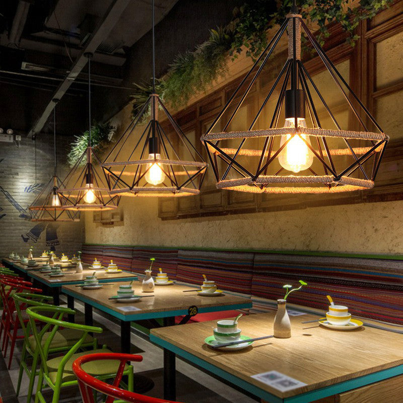 Single-Bulb Drop Pendant Industrial Bistro Hanging Lamp with Diamond Roped Cage in Black, 10"/15"/18" Width Black Clearhalo 'Art Deco Pendants' 'Black' 'Cast Iron' 'Ceiling Lights' 'Ceramic' 'Crystal' 'Industrial Pendants' 'Industrial' 'Metal' 'Middle Century Pendants' 'Pendant Lights' 'Pendants' 'Rustic Pendants' 'Tiffany' Lighting' 1912556