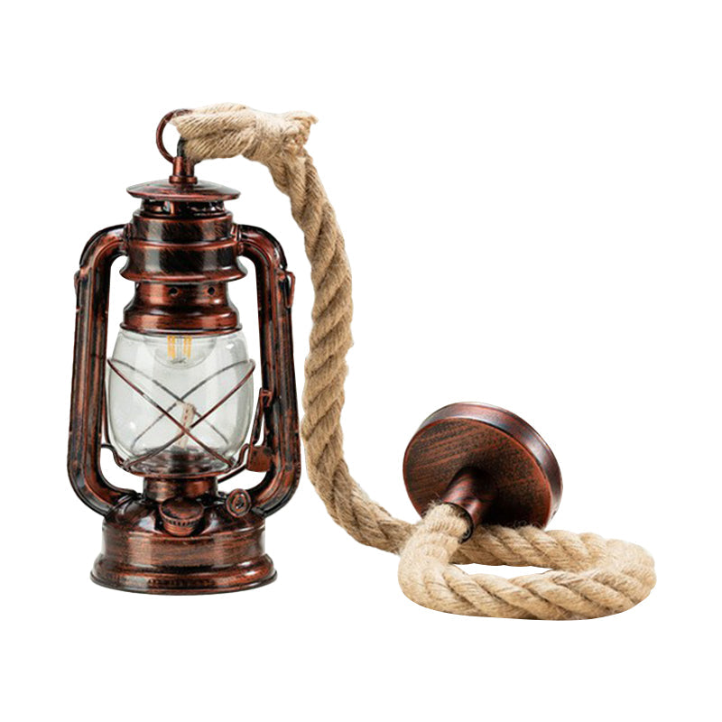 Copper/Gold/Bronze Kerosene Hanging Lamp Coastal Clear Glass 1 Bulb Bedside Pendulum Light with Rope Cord Clearhalo 'Art Deco Pendants' 'Black' 'Cast Iron' 'Ceiling Lights' 'Ceramic' 'Crystal' 'Industrial Pendants' 'Industrial' 'Metal' 'Middle Century Pendants' 'Pendant Lights' 'Pendants' 'Rustic Pendants' 'Tiffany' Lighting' 1912576