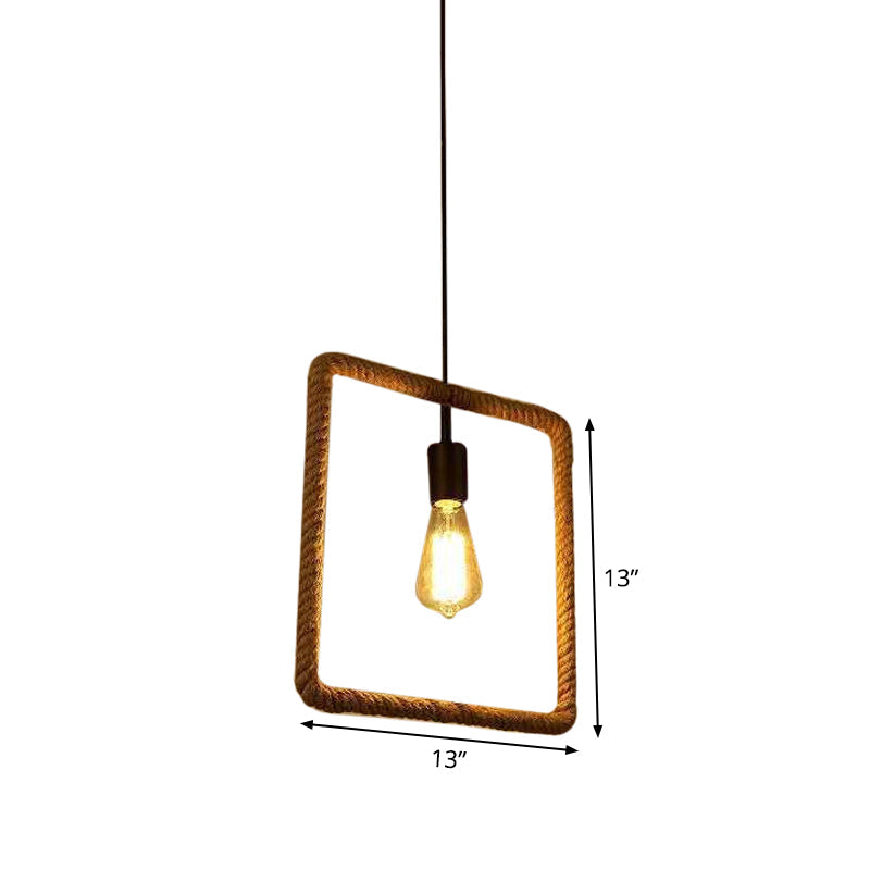 1-Light Hanging Lamp Rural Living Room Pendant Light with Round/Square/Rectangle Rope Frame in Brown Clearhalo 'Ceiling Lights' 'Industrial Pendants' 'Industrial' 'Middle Century Pendants' 'Pendant Lights' 'Pendants' 'Tiffany' Lighting' 1912585
