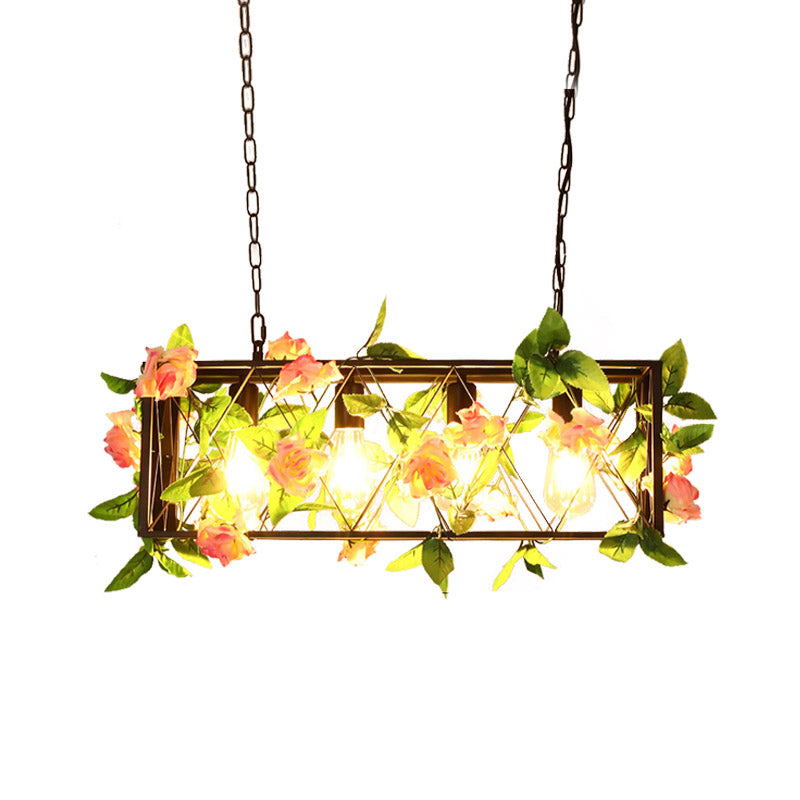Red/Green 4 Lights Island Ceiling Light Retro Metal Rectangular LED Rose/Plant Drop Lamp for Restaurant Clearhalo 'Ceiling Lights' 'Island Lights' Lighting' 1913218