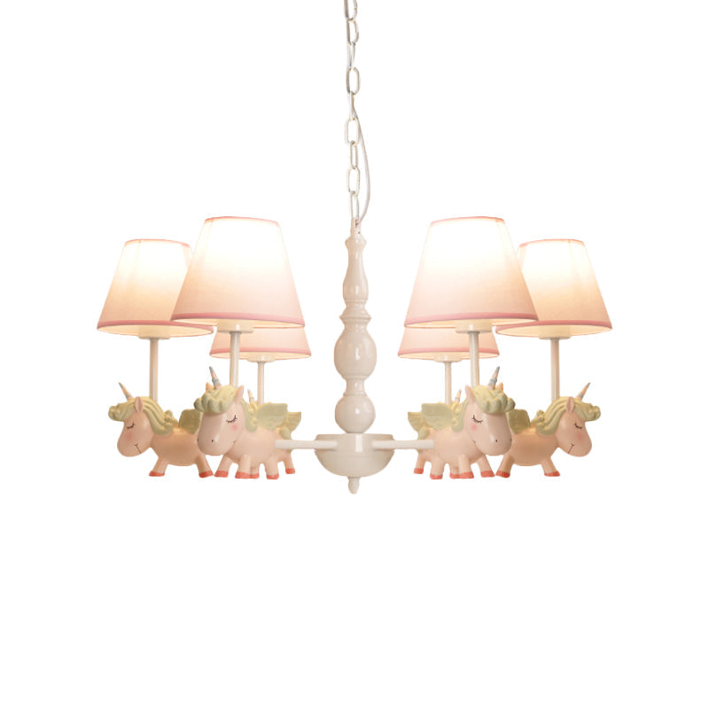Nursery Room Chandelier, Cartoon Pendant Light Fixture with Pink Bucket Fabric Shade and Unicorn Clearhalo 'Ceiling Lights' 'Chandeliers' Lighting' options 1913346