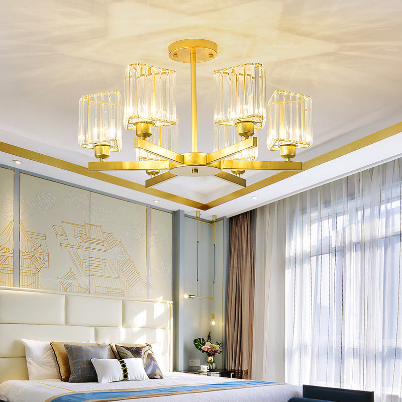 3/6/8 Lights Rectangle Semi Flush Lighting Contemporary Gold Crystal Semi-Flush Mount for Living Room 6 Gold Clearhalo 'Ceiling Lights' 'Close To Ceiling Lights' 'Close to ceiling' 'Semi-flushmount' Lighting' 1913484