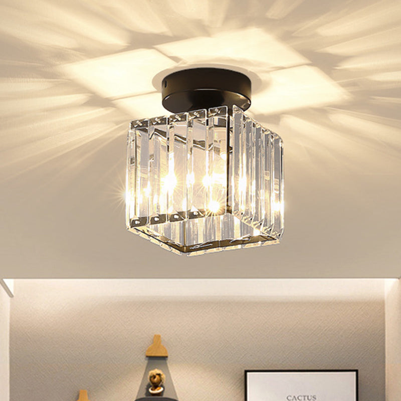 Drum Clear Crystal Semi Flush Mount Metal Modern Semi Flushmount Ceiling Light for Hallway Black 5.5" Clearhalo 'Ceiling Lights' 'Close To Ceiling Lights' 'Close to ceiling' 'Semi-flushmount' Lighting' 1913574