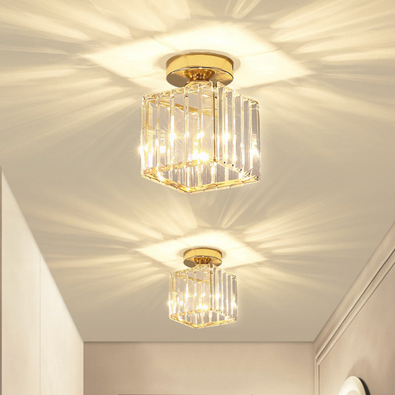 Drum Clear Crystal Semi Flush Mount Metal Modern Semi Flushmount Ceiling Light for Hallway Gold 5.5" Clearhalo 'Ceiling Lights' 'Close To Ceiling Lights' 'Close to ceiling' 'Semi-flushmount' Lighting' 1913580