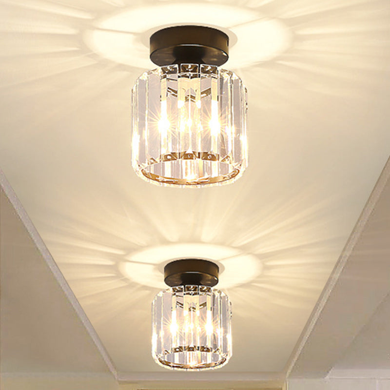 Drum Clear Crystal Semi Flush Mount Metal Modern Semi Flushmount Ceiling Light for Hallway Black 5" Clearhalo 'Ceiling Lights' 'Close To Ceiling Lights' 'Close to ceiling' 'Semi-flushmount' Lighting' 1913584
