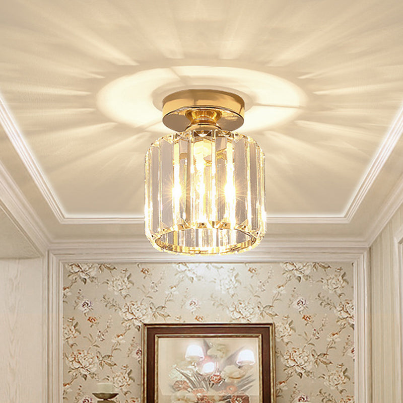 Drum Clear Crystal Semi Flush Mount Metal Modern Semi Flushmount Ceiling Light for Hallway Gold 5" Clearhalo 'Ceiling Lights' 'Close To Ceiling Lights' 'Close to ceiling' 'Semi-flushmount' Lighting' 1913589