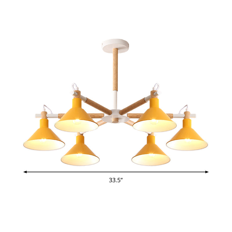 Wood and Metal Horn Shape Hanging Pendant Fixture 6 Bulbs Macaroon Chandelier for Bedroom Clearhalo 'Ceiling Lights' 'Chandeliers' Lighting' options 191396