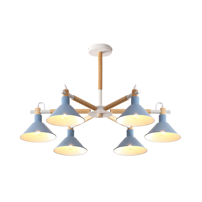 Wood and Metal Horn Shape Hanging Pendant Fixture 6 Bulbs Macaroon Chandelier for Bedroom Clearhalo 'Ceiling Lights' 'Chandeliers' Lighting' options 191407
