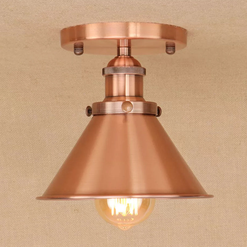 Cone Shade Mini Foyer Ceiling Lamp Industrial Iron 1-Light Rust/Black/Copper Semi Mount Lighting Copper Clearhalo 'Ceiling Lights' 'Close To Ceiling Lights' 'Close to ceiling' 'Semi-flushmount' Lighting' 1916522