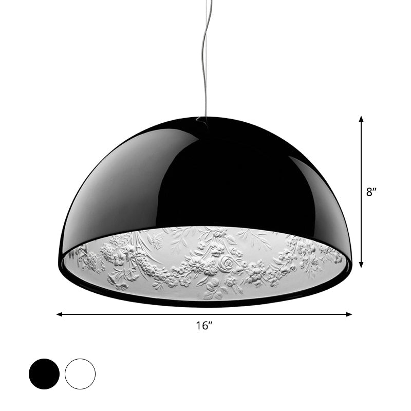 Hemispherical Resin Pendulum Light Industrial 16"/23" W Single Living Room Pendant Lamp in Black/White with Carved Rose Inside Clearhalo 'Art Deco Pendants' 'Black' 'Cast Iron' 'Ceiling Lights' 'Ceramic' 'Crystal' 'Industrial Pendants' 'Industrial' 'Metal' 'Middle Century Pendants' 'Pendant Lights' 'Pendants' 'Rustic Pendants' 'Tiffany' Lighting' 1916578