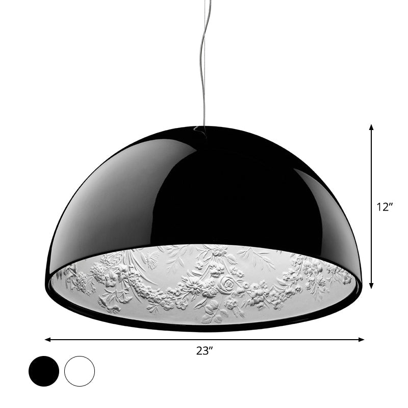 Hemispherical Resin Pendulum Light Industrial 16"/23" W Single Living Room Pendant Lamp in Black/White with Carved Rose Inside Clearhalo 'Art Deco Pendants' 'Black' 'Cast Iron' 'Ceiling Lights' 'Ceramic' 'Crystal' 'Industrial Pendants' 'Industrial' 'Metal' 'Middle Century Pendants' 'Pendant Lights' 'Pendants' 'Rustic Pendants' 'Tiffany' Lighting' 1916579