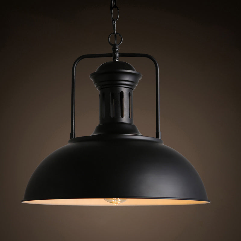 1-Bulb Bowl Drop Pendant Loft Style Black/Black-White Metallic Hanging Lamp with Arm and Vented Socket, 13"/16" Wide Black-White Clearhalo 'Art Deco Pendants' 'Black' 'Cast Iron' 'Ceiling Lights' 'Ceramic' 'Crystal' 'Industrial Pendants' 'Industrial' 'Metal' 'Middle Century Pendants' 'Pendant Lights' 'Pendants' 'Rustic Pendants' 'Tiffany' Lighting' 1916595