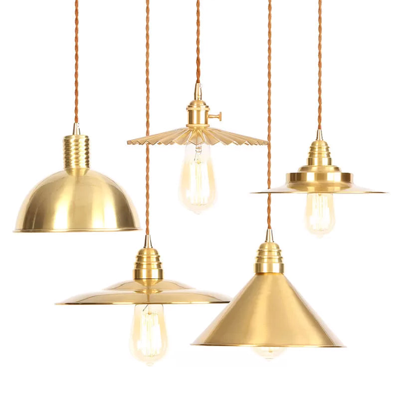 Iron Gold Finish Pendant Lamp Flat/Bowl/Cone Shade Single-Bulb Antiqued Suspension Lighting Fixture Gold Semicircle Clearhalo 'Art Deco Pendants' 'Cast Iron' 'Ceiling Lights' 'Ceramic' 'Crystal' 'Industrial Pendants' 'Industrial' 'Metal' 'Middle Century Pendants' 'Pendant Lights' 'Pendants' 'Tiffany' Lighting' 1916664
