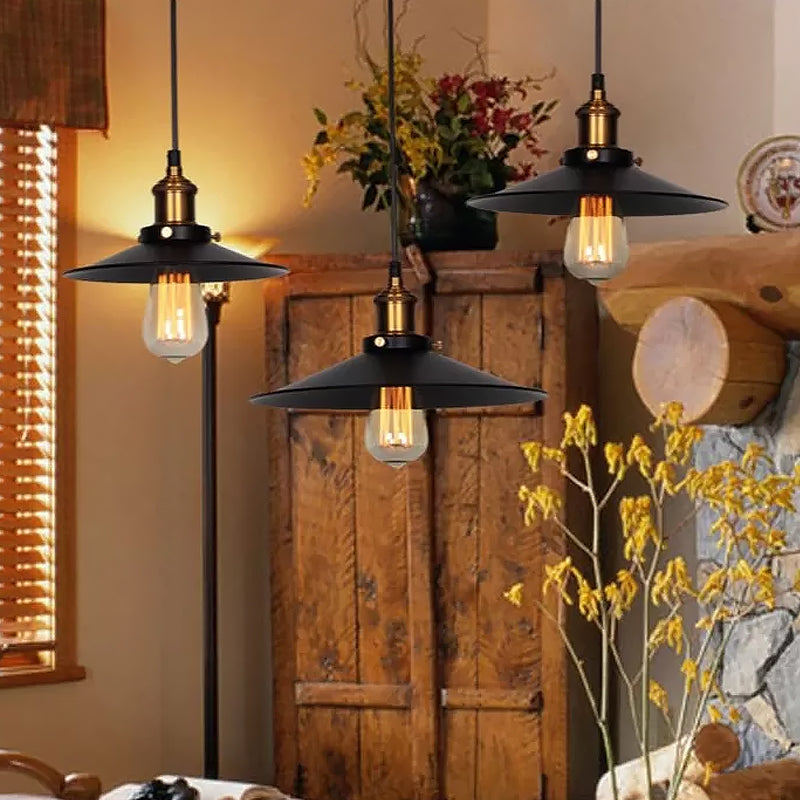 Factory Flying Saucer Ceiling Pendant 8.5"/12" Wide Single-Bulb Metal Hanging Lamp in Black Clearhalo 'Art Deco Pendants' 'Black' 'Cast Iron' 'Ceiling Lights' 'Ceramic' 'Crystal' 'Industrial Pendants' 'Industrial' 'Metal' 'Middle Century Pendants' 'Pendant Lights' 'Pendants' 'Rustic Pendants' 'Tiffany' Lighting' 1916707