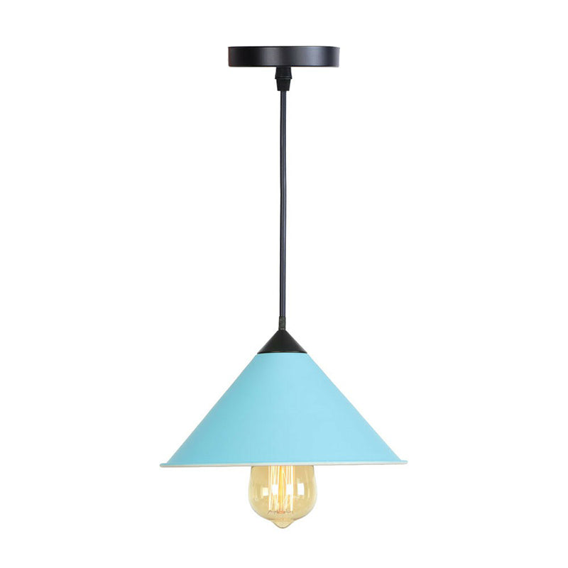 Conical Iron Drop Pendant Loft Style Single Dining Room Hanging Lamp with Rolled Edge in Pink/Blue/Grey Blue Clearhalo 'Art Deco Pendants' 'Black' 'Cast Iron' 'Ceiling Lights' 'Ceramic' 'Crystal' 'Industrial Pendants' 'Industrial' 'Metal' 'Middle Century Pendants' 'Pendant Lights' 'Pendants' 'Rustic Pendants' 'Tiffany' Lighting' 1916732