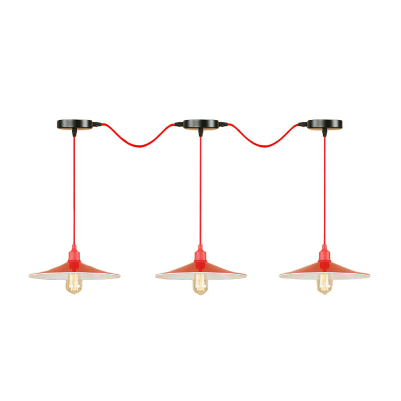 Red Saucer Suspension Lighting Factory Metal 1/3-Head Living Room Swag Pendant Light Clearhalo 'Art Deco Pendants' 'Cast Iron' 'Ceiling Lights' 'Ceramic' 'Crystal' 'Industrial Pendants' 'Industrial' 'Metal' 'Middle Century Pendants' 'Pendant Lights' 'Pendants' 'Tiffany' Lighting' 1916824
