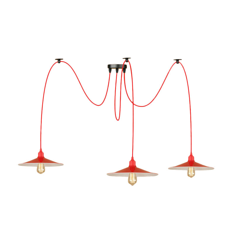 Red Saucer Suspension Lighting Factory Metal 1/3-Head Living Room Swag Pendant Light Clearhalo 'Art Deco Pendants' 'Cast Iron' 'Ceiling Lights' 'Ceramic' 'Crystal' 'Industrial Pendants' 'Industrial' 'Metal' 'Middle Century Pendants' 'Pendant Lights' 'Pendants' 'Tiffany' Lighting' 1916830