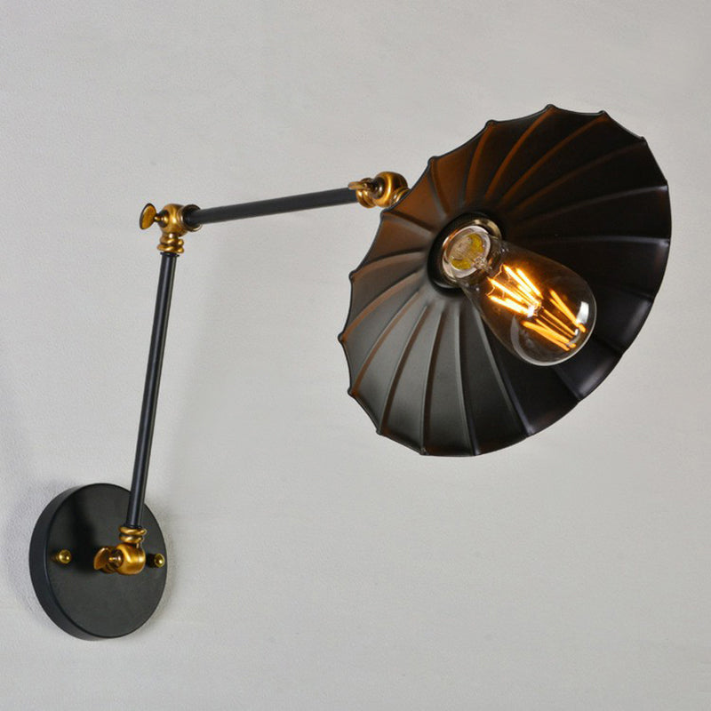 Scalloped Iron Wall Reading Lamp Loft 1 Bulb 8"+8"/12"+12" W Bedroom Wall Light with 2-Joint Adjustable Arm in Black/White-Brass Clearhalo 'Art deco wall lights' 'Cast Iron' 'Glass' 'Industrial wall lights' 'Industrial' 'Middle century wall lights' 'Modern' 'Rustic wall lights' 'Tiffany' 'Traditional wall lights' 'Wall Lamps & Sconces' 'Wall Lights' Lighting' 1917004