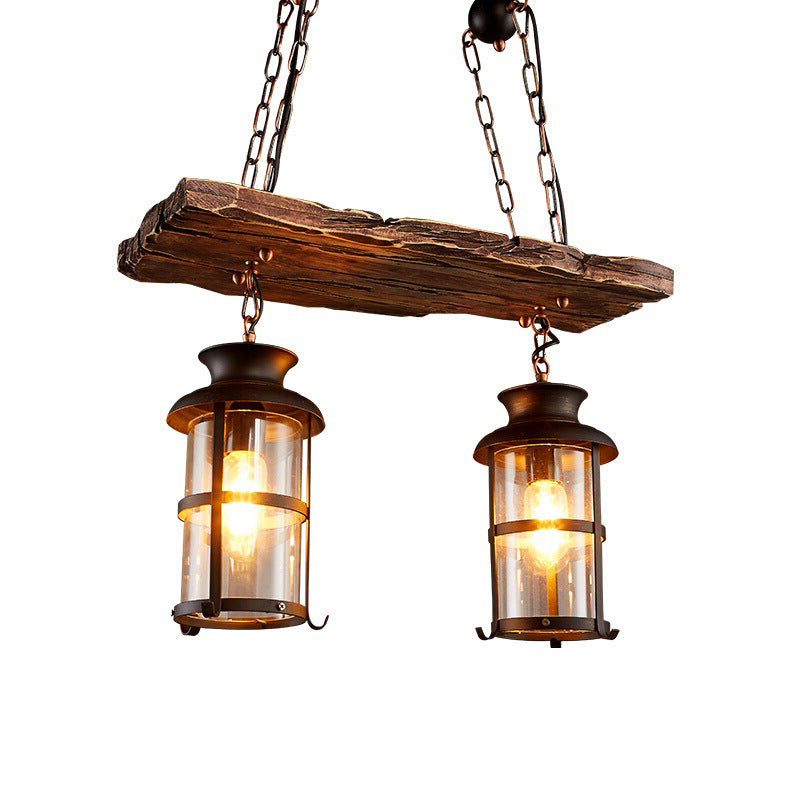 2/3-Bulb Clear Glass Island Pendant Light Farmhouse Brown Cylindrical Bistro Ceiling Hang Light with Wood Plank Top Clearhalo 'Ceiling Lights' 'Island Lights' Lighting' 1917259