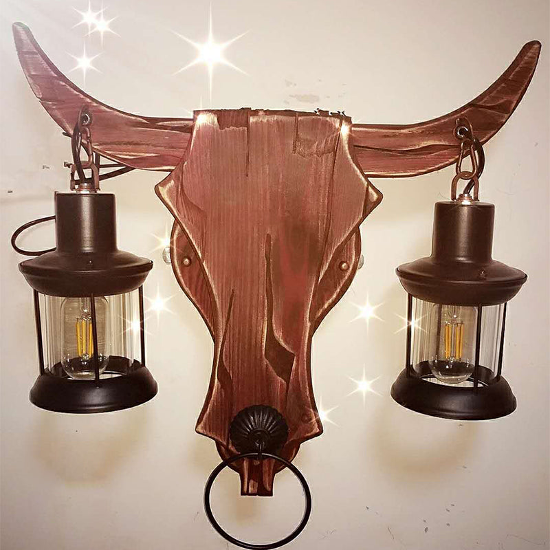 1/2-Light Clear Glass Wall Sconce Rustic Brown Lantern/Kerosene Kitchen Wall Mounted Light with Ox/Oval Wood Backplate 2.0 Brown Clearhalo 'Industrial wall lights' 'Industrial' 'Middle century wall lights' 'Rustic wall lights' 'Tiffany' 'Wall Lamps & Sconces' 'Wall Lights' Lighting' 1917339