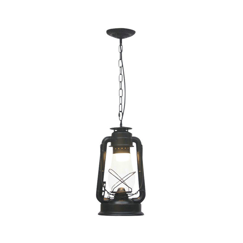 Clear/Frosted Glass Kerosene Pendant Light Rustic 1 Bulb Dining Room Ceiling Suspension Lamp in Bronze/Copper/Black Black A Clearhalo 'Art Deco Pendants' 'Black' 'Cast Iron' 'Ceiling Lights' 'Ceramic' 'Crystal' 'Industrial Pendants' 'Industrial' 'Metal' 'Middle Century Pendants' 'Pendant Lights' 'Pendants' 'Rustic Pendants' 'Tiffany' Lighting' 1917361