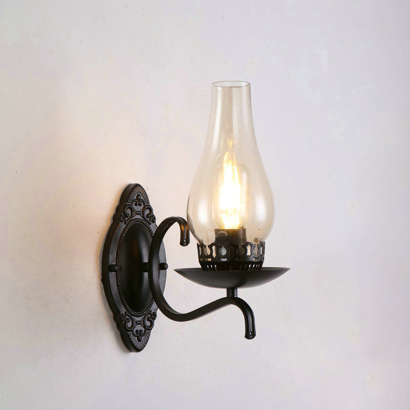 Single-Bulb Wall Lamp Industrial Corridor Wall Mounted Light with Kerosene Clear/Frosted Glass Shade in Copper/Bronze Black B Clearhalo 'Art deco wall lights' 'Cast Iron' 'Glass' 'Industrial wall lights' 'Industrial' 'Middle century wall lights' 'Modern' 'Rustic wall lights' 'Tiffany' 'Traditional wall lights' 'Wall Lamps & Sconces' 'Wall Lights' Lighting' 1917401