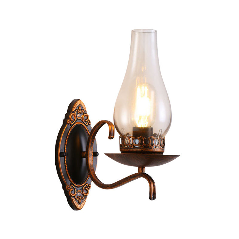 Single-Bulb Wall Lamp Industrial Corridor Wall Mounted Light with Kerosene Clear/Frosted Glass Shade in Copper/Bronze Clearhalo 'Art deco wall lights' 'Cast Iron' 'Glass' 'Industrial wall lights' 'Industrial' 'Middle century wall lights' 'Modern' 'Rustic wall lights' 'Tiffany' 'Traditional wall lights' 'Wall Lamps & Sconces' 'Wall Lights' Lighting' 1917405