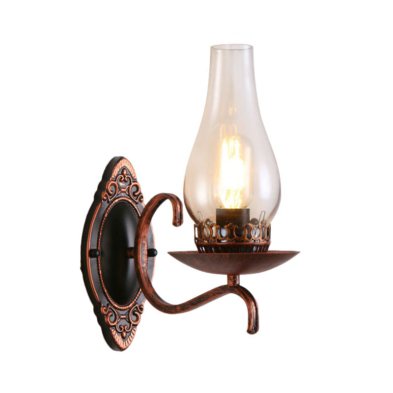 Single-Bulb Wall Lamp Industrial Corridor Wall Mounted Light with Kerosene Clear/Frosted Glass Shade in Copper/Bronze Clearhalo 'Art deco wall lights' 'Cast Iron' 'Glass' 'Industrial wall lights' 'Industrial' 'Middle century wall lights' 'Modern' 'Rustic wall lights' 'Tiffany' 'Traditional wall lights' 'Wall Lamps & Sconces' 'Wall Lights' Lighting' 1917409