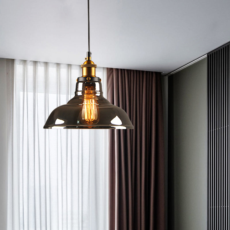 Clear/Smoke Grey Glass Barn Pendant Lamp Country Style 1 Head Dining Room Hanging Light in Brass and Black Clearhalo 'Ceiling Lights' 'Glass shade' 'Glass' 'Industrial Pendants' 'Industrial' 'Middle Century Pendants' 'Pendant Lights' 'Pendants' 'Tiffany' Lighting' 1917427