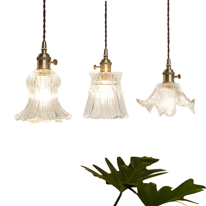 Brass Bowl/Flared Hanging Lamp Fixture Antique Clear Lattice/Grid Glass 1 Bulb Dining Room Ceiling Pendant Light Clearhalo 'Ceiling Lights' 'Glass shade' 'Glass' 'Industrial Pendants' 'Industrial' 'Middle Century Pendants' 'Pendant Lights' 'Pendants' 'Tiffany' Lighting' 1917486