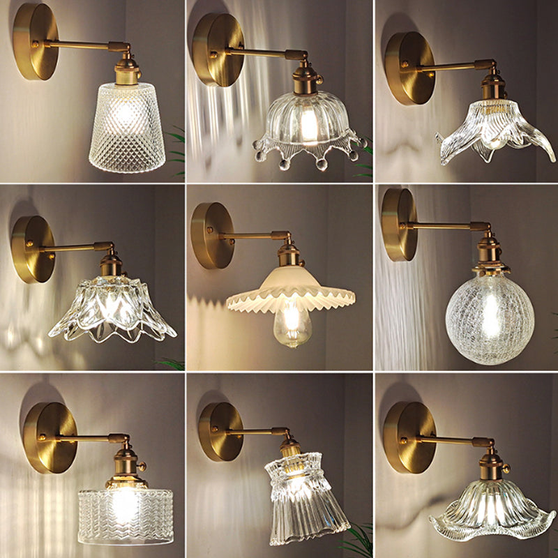 Iron Brass Finish Wall Reading Light Swing Arm 1-Light Industrial Wall Mounted Lamp with Blossom/Bowl Clear Glass Shade Clearhalo 'Cast Iron' 'Glass' 'Industrial wall lights' 'Industrial' 'Middle century wall lights' 'Modern' 'Tiffany' 'Traditional wall lights' 'Wall Lamps & Sconces' 'Wall Lights' Lighting' 1917519