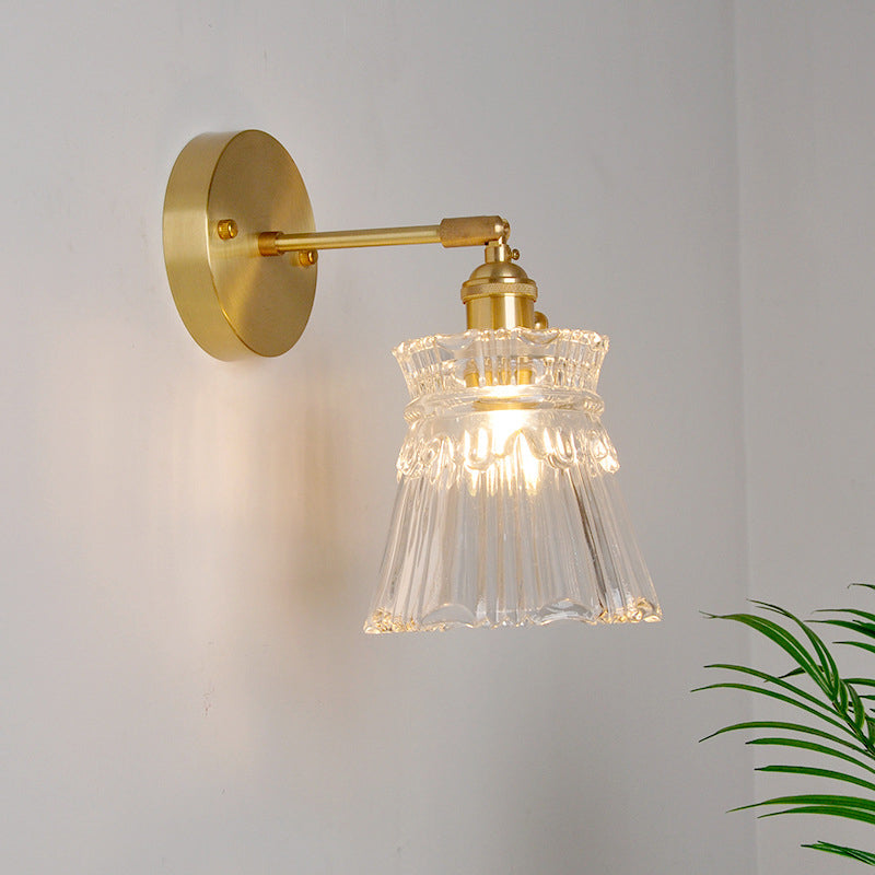 Iron Brass Finish Wall Reading Light Swing Arm 1-Light Industrial Wall Mounted Lamp with Blossom/Bowl Clear Glass Shade Clear E Clearhalo 'Cast Iron' 'Glass' 'Industrial wall lights' 'Industrial' 'Middle century wall lights' 'Modern' 'Tiffany' 'Traditional wall lights' 'Wall Lamps & Sconces' 'Wall Lights' Lighting' 1917520