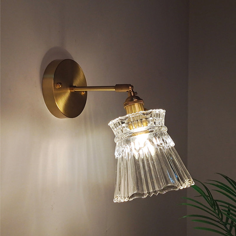 Iron Brass Finish Wall Reading Light Swing Arm 1-Light Industrial Wall Mounted Lamp with Blossom/Bowl Clear Glass Shade Clearhalo 'Cast Iron' 'Glass' 'Industrial wall lights' 'Industrial' 'Middle century wall lights' 'Modern' 'Tiffany' 'Traditional wall lights' 'Wall Lamps & Sconces' 'Wall Lights' Lighting' 1917521