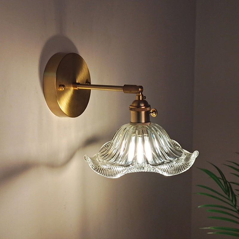 Iron Brass Finish Wall Reading Light Swing Arm 1-Light Industrial Wall Mounted Lamp with Blossom/Bowl Clear Glass Shade Clearhalo 'Cast Iron' 'Glass' 'Industrial wall lights' 'Industrial' 'Middle century wall lights' 'Modern' 'Tiffany' 'Traditional wall lights' 'Wall Lamps & Sconces' 'Wall Lights' Lighting' 1917525