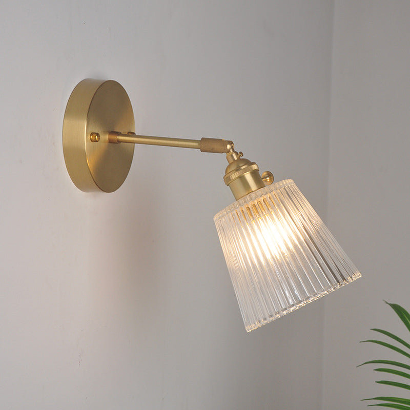 Iron Brass Finish Wall Reading Light Swing Arm 1-Light Industrial Wall Mounted Lamp with Blossom/Bowl Clear Glass Shade Clear D Clearhalo 'Cast Iron' 'Glass' 'Industrial wall lights' 'Industrial' 'Middle century wall lights' 'Modern' 'Tiffany' 'Traditional wall lights' 'Wall Lamps & Sconces' 'Wall Lights' Lighting' 1917528