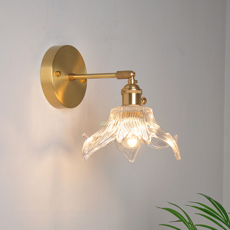 Iron Brass Finish Wall Reading Light Swing Arm 1-Light Industrial Wall Mounted Lamp with Blossom/Bowl Clear Glass Shade Clear F Clearhalo 'Cast Iron' 'Glass' 'Industrial wall lights' 'Industrial' 'Middle century wall lights' 'Modern' 'Tiffany' 'Traditional wall lights' 'Wall Lamps & Sconces' 'Wall Lights' Lighting' 1917532