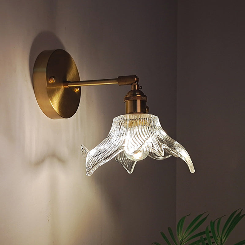 Iron Brass Finish Wall Reading Light Swing Arm 1-Light Industrial Wall Mounted Lamp with Blossom/Bowl Clear Glass Shade Clearhalo 'Cast Iron' 'Glass' 'Industrial wall lights' 'Industrial' 'Middle century wall lights' 'Modern' 'Tiffany' 'Traditional wall lights' 'Wall Lamps & Sconces' 'Wall Lights' Lighting' 1917533