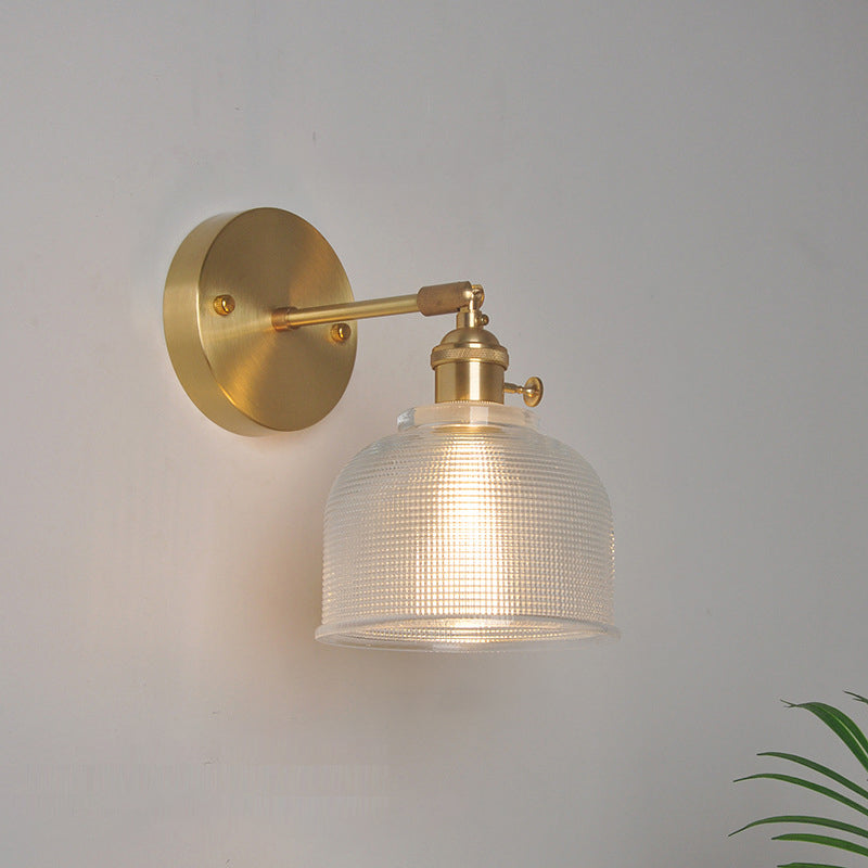 Iron Brass Finish Wall Reading Light Swing Arm 1-Light Industrial Wall Mounted Lamp with Blossom/Bowl Clear Glass Shade Clear A Clearhalo 'Cast Iron' 'Glass' 'Industrial wall lights' 'Industrial' 'Middle century wall lights' 'Modern' 'Tiffany' 'Traditional wall lights' 'Wall Lamps & Sconces' 'Wall Lights' Lighting' 1917545