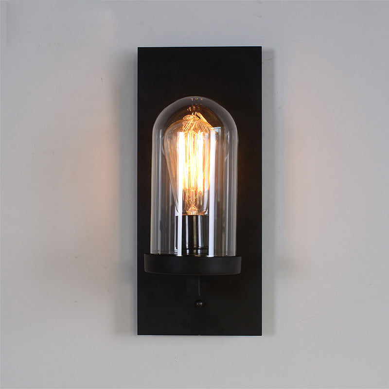 Black Rectangular Wall Light Sconce Retro Metal 1 Head Foyer Wall Lamp with Cloche Clear Glass Shade Clearhalo 'Art deco wall lights' 'Cast Iron' 'Glass' 'Industrial wall lights' 'Industrial' 'Middle century wall lights' 'Modern' 'Rustic wall lights' 'Tiffany' 'Traditional wall lights' 'Wall Lamps & Sconces' 'Wall Lights' Lighting' 1917549